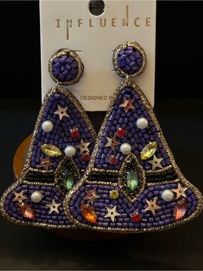 Handmade Purple Beaded Wizard Drop Earrings with Multicolor Crystal Accents NWT